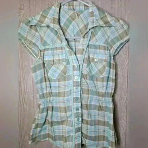 Y2K Max Love khaki and blue striped blouse size small.